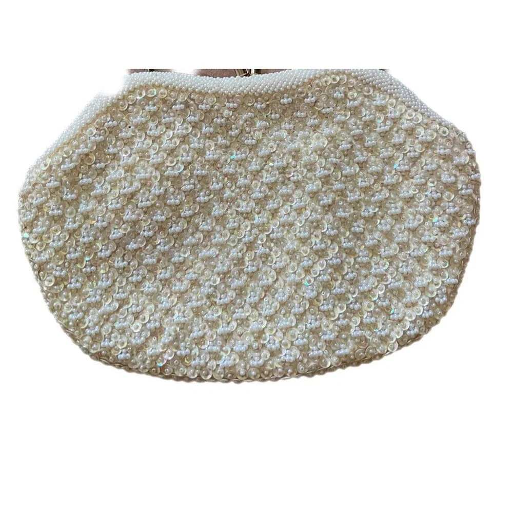 vintage la regale beaded purse White Beads Yellow Satin Lining Chain Handmade HK - Picture 6 of 11